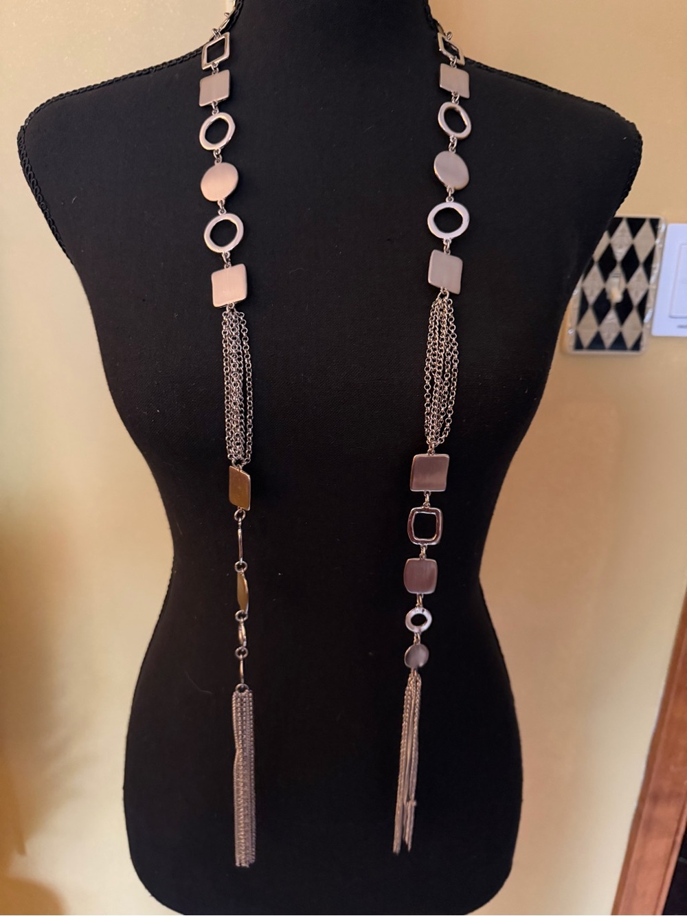 Long Silver Drop Chain Necklace with Geometric Links